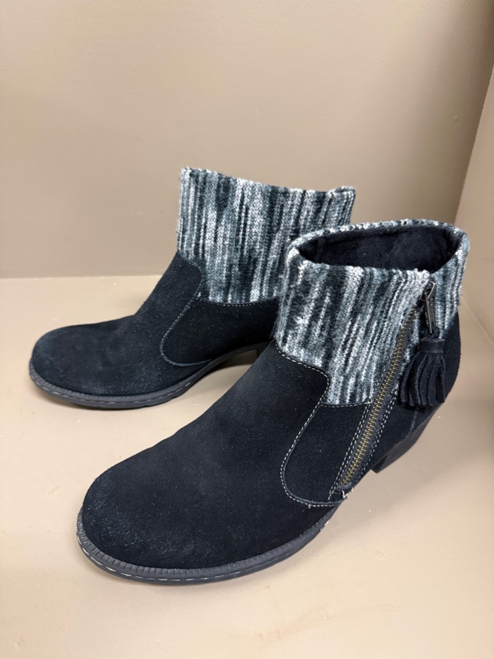 B.O.C. Black Suede Ankle Boots with Gray Knit Sweater Cuff & Side Zipper